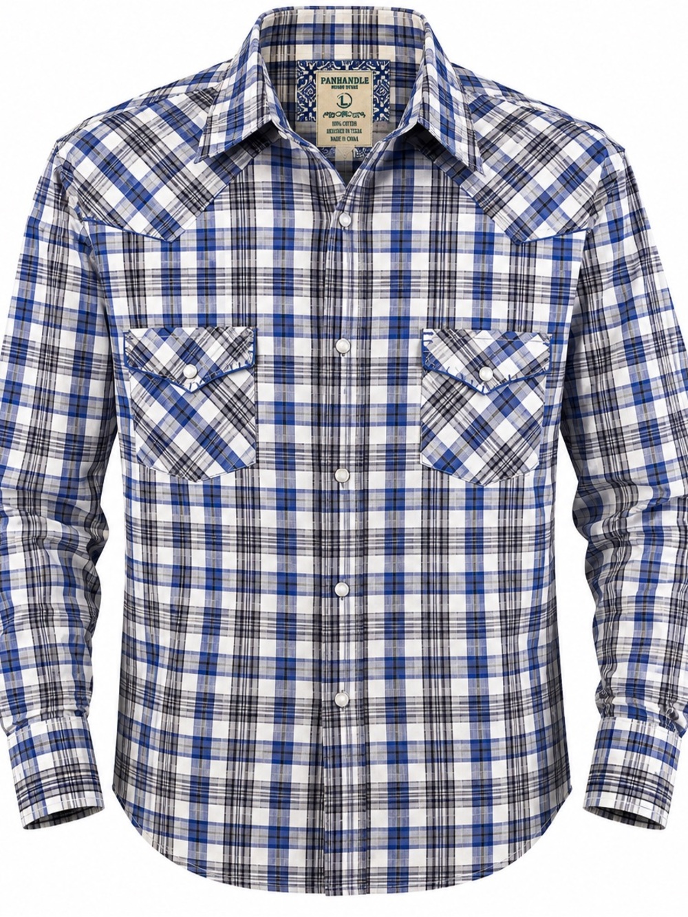 Panhandle Rough Stock Men’s L Blue Plaid Pearl Snap Western Shirt 100% Cotton